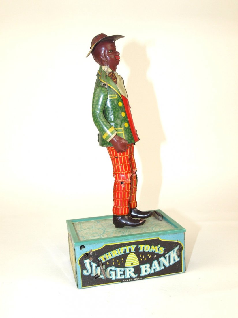 Thrifty Tom Jigger tin lithograph bank by Strauss 10" (1 of 5)