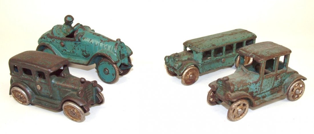 Cast iron lot of 4 cars: 2 cars, race car, and bus 4" (1 of 1)