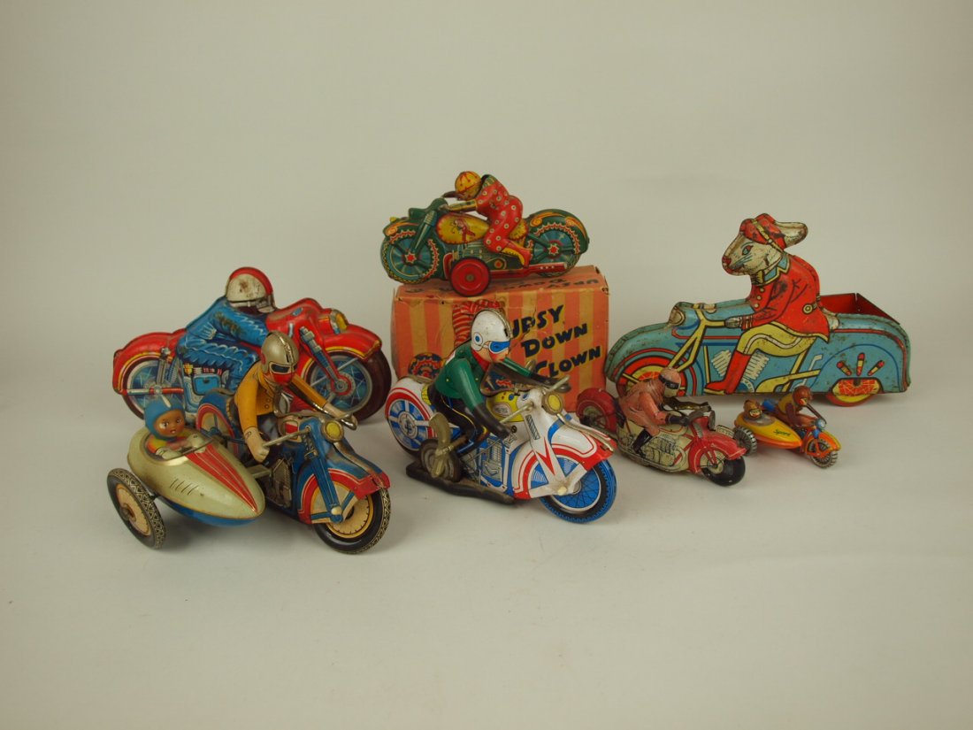 Lot of 7 assorted tin lithograph motorcycle toys (1 of 1)