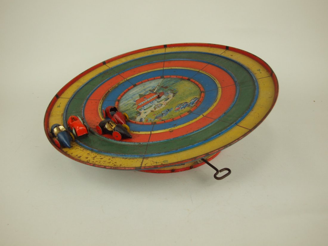 Mary Whee Whiz tin lithograph windup race toy, one car: Mary Whee Whiz tin lithograph windup race toy, one car missing one wheel