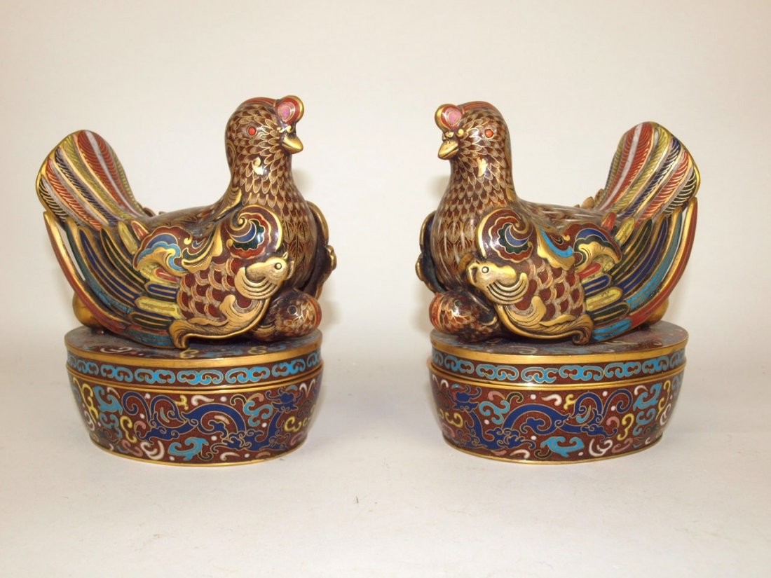 Pair of early Cloisonne hen or checken on golden eggs,: Pair of early Cloisonne hen or checken on golden eggs, covered boxes, heavy, 5 1/2" h