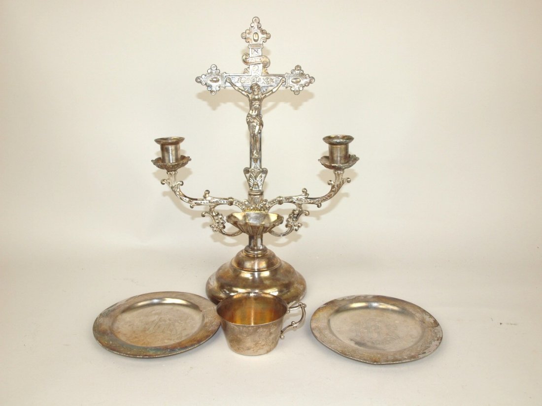 Spelter religious candle holder, 2 plates and cup in (1 of 2)