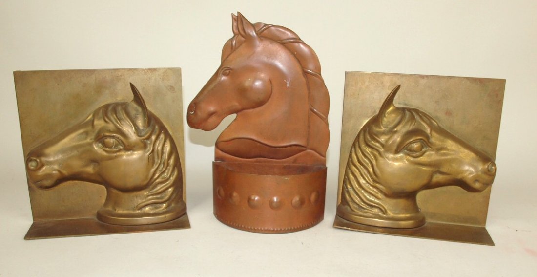 Pair of early brass horse bookends and early copper (1 of 1)