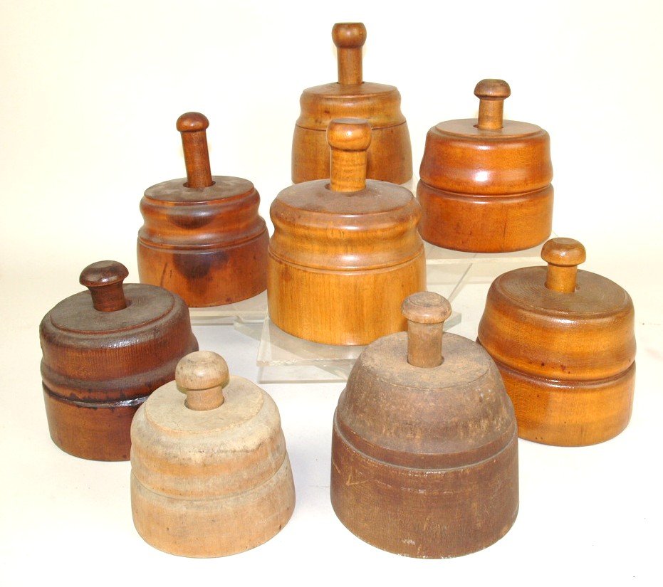 Lot of 8 wood butter pats, some dated 1866 (1 of 4)