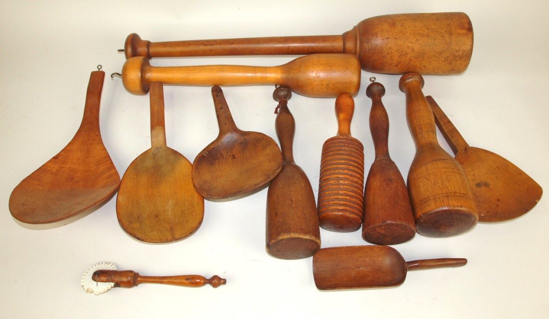 Lot of 12 wooden treenware untensils, butter pats, (1 of 1)