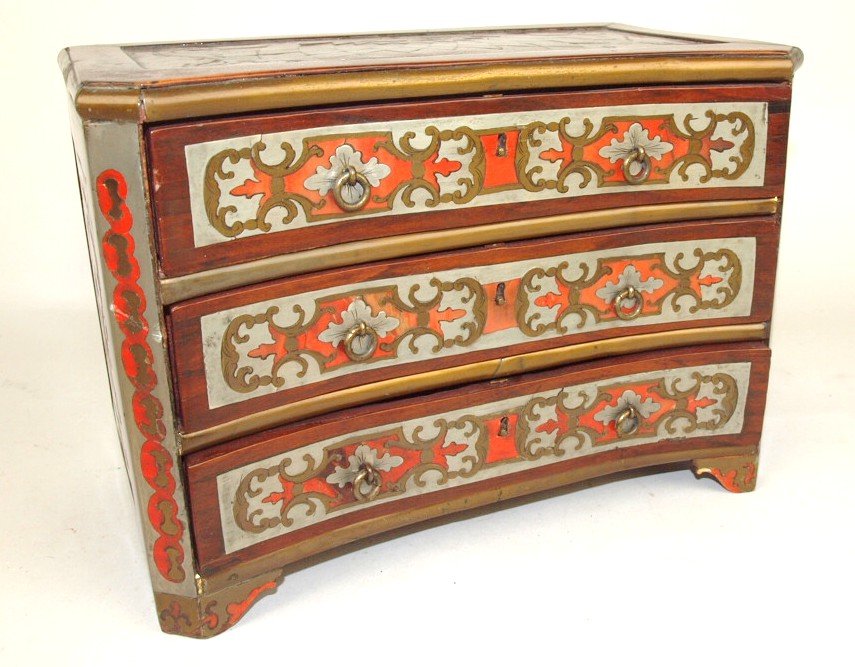 Wood 3 drawer box with silver & brass inlay, 9 3/4" w, (1 of 4)