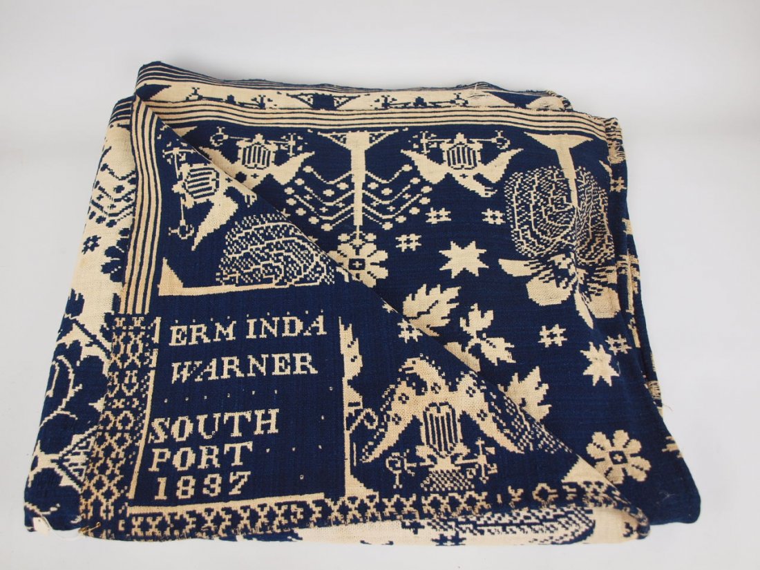 Blue & white woven 2 piece coverlet with eagle border, (1 of 3)