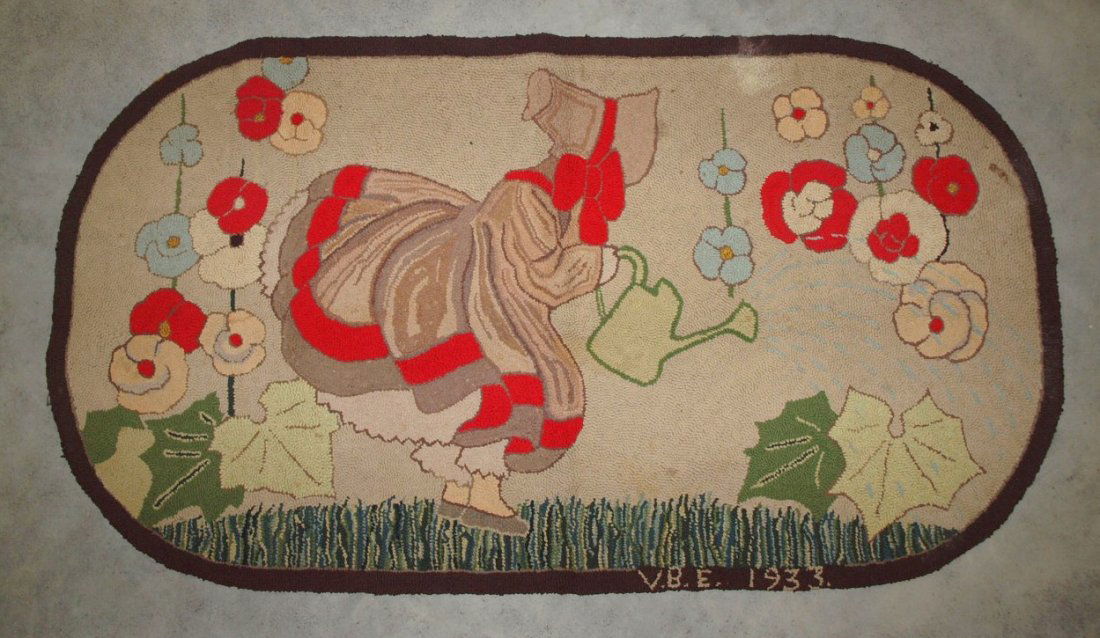 Hook rug of girl with watering can watering flowers, (1 of 2)