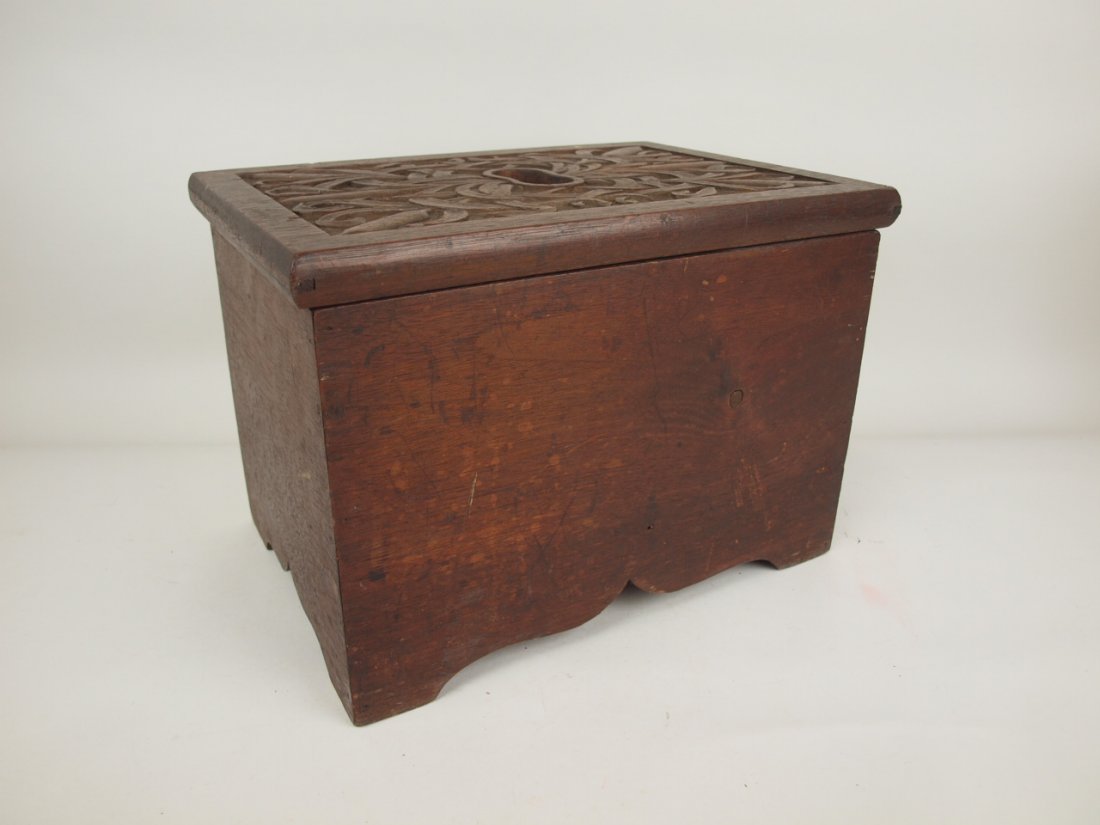 Walnut step stool with carved lid with cattails, 13" w, (1 of 2)