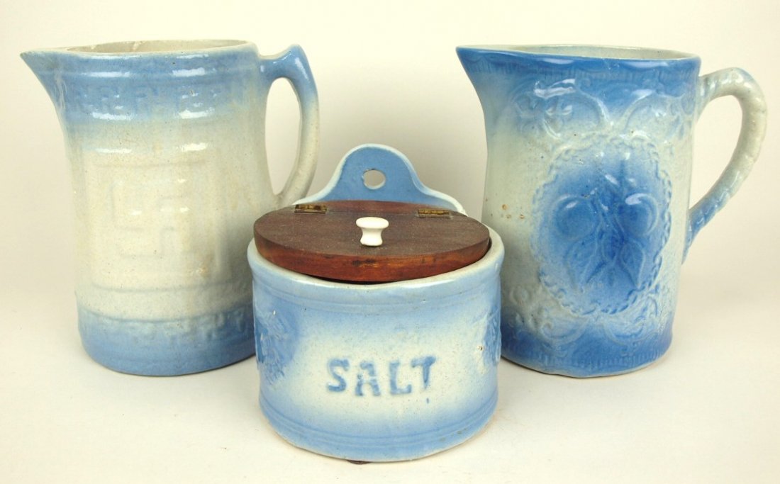 Blue & white stoneware lot of 2 pitchers: "Good Luck" (1 of 1)