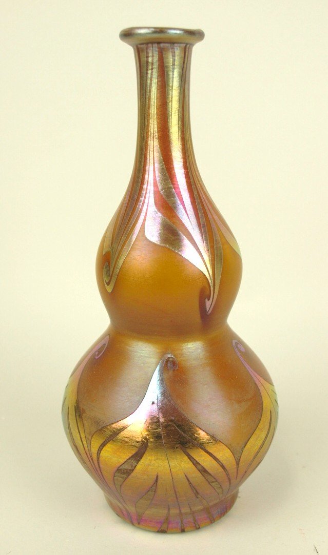 Loetz type art glass barber bottle/bud vase, gold (1 of 3)