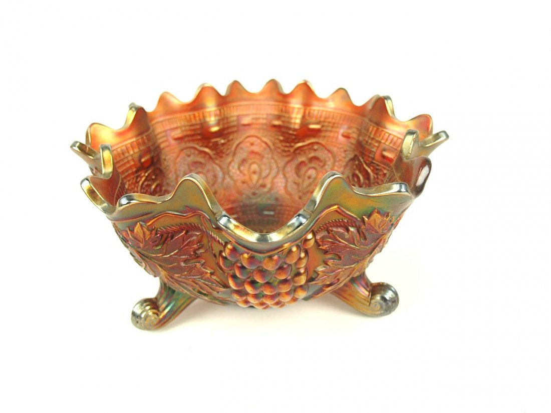 Fenton amethyst carnival glass Persian Medallion and: Fenton amethyst carnival glass Persian Medallion and grape & cable deep footed bowl, 10" d, 5" h
