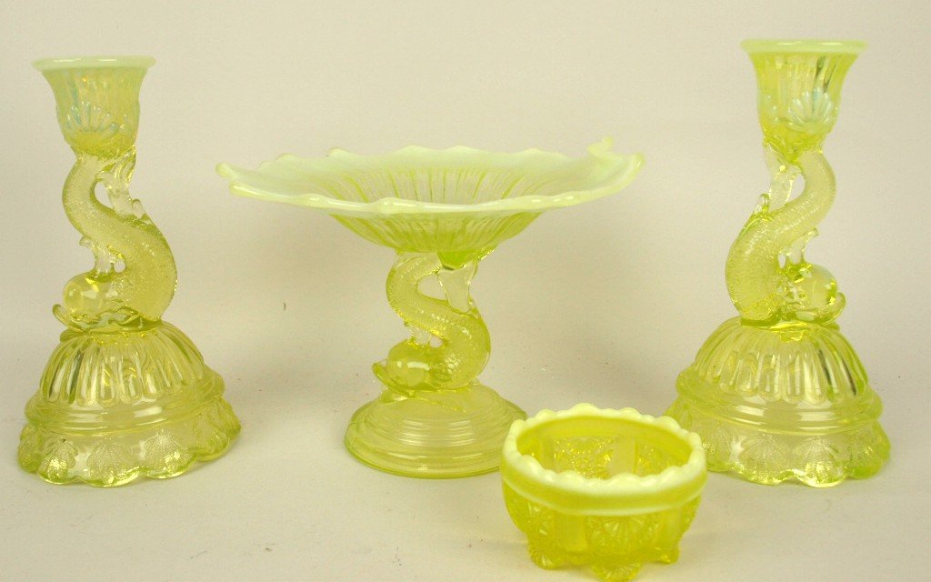 Northwood vaseline opalescent dolphin compote and pair (1 of 1)