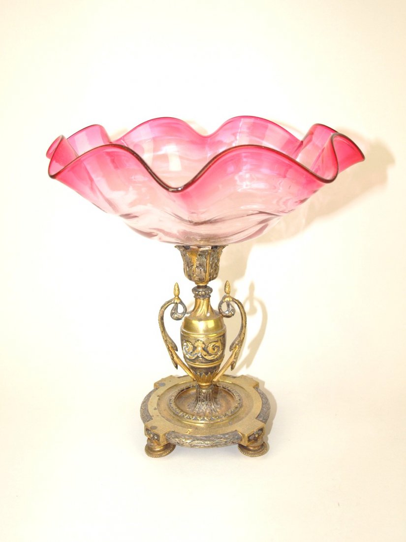 Cranvberry to clear art glass bowl/compote with brass: Cranvberry to clear art glass bowl/compote with brass stand, 8 1/2" h 8" d