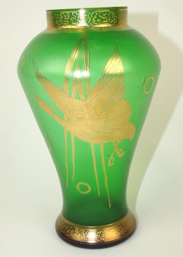 Green satin art glass vase with gold overlay of (1 of 1)