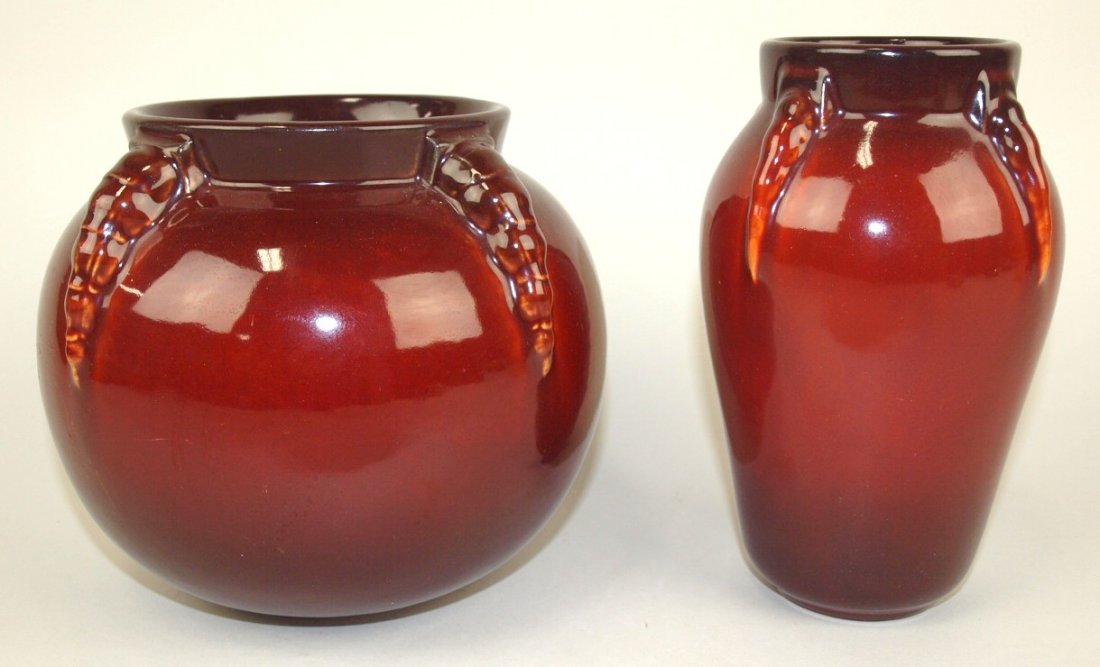 Roseville Topep lot of 2 vases, 6 1/4" & 7", oxblood (1 of 1)