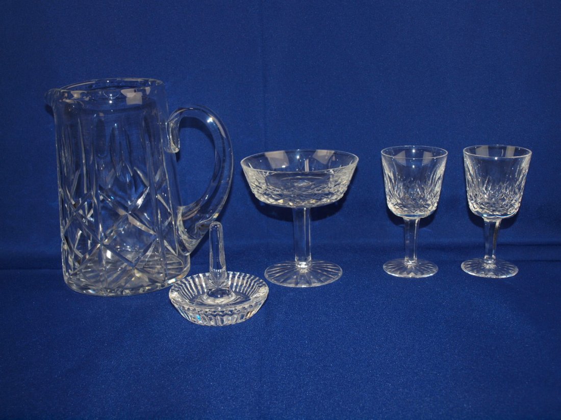 Waterford crystal lot: 10 sherbets, 2 wing glasses,: Waterford crystal lot: 10 sherbets, 2 wing glasses, ring holder, and Brierley pitcher