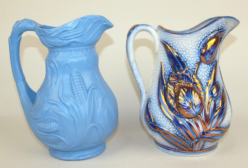 Blue Parian ware corn picher, 7 1/2" and Flow Blue and (1 of 1)