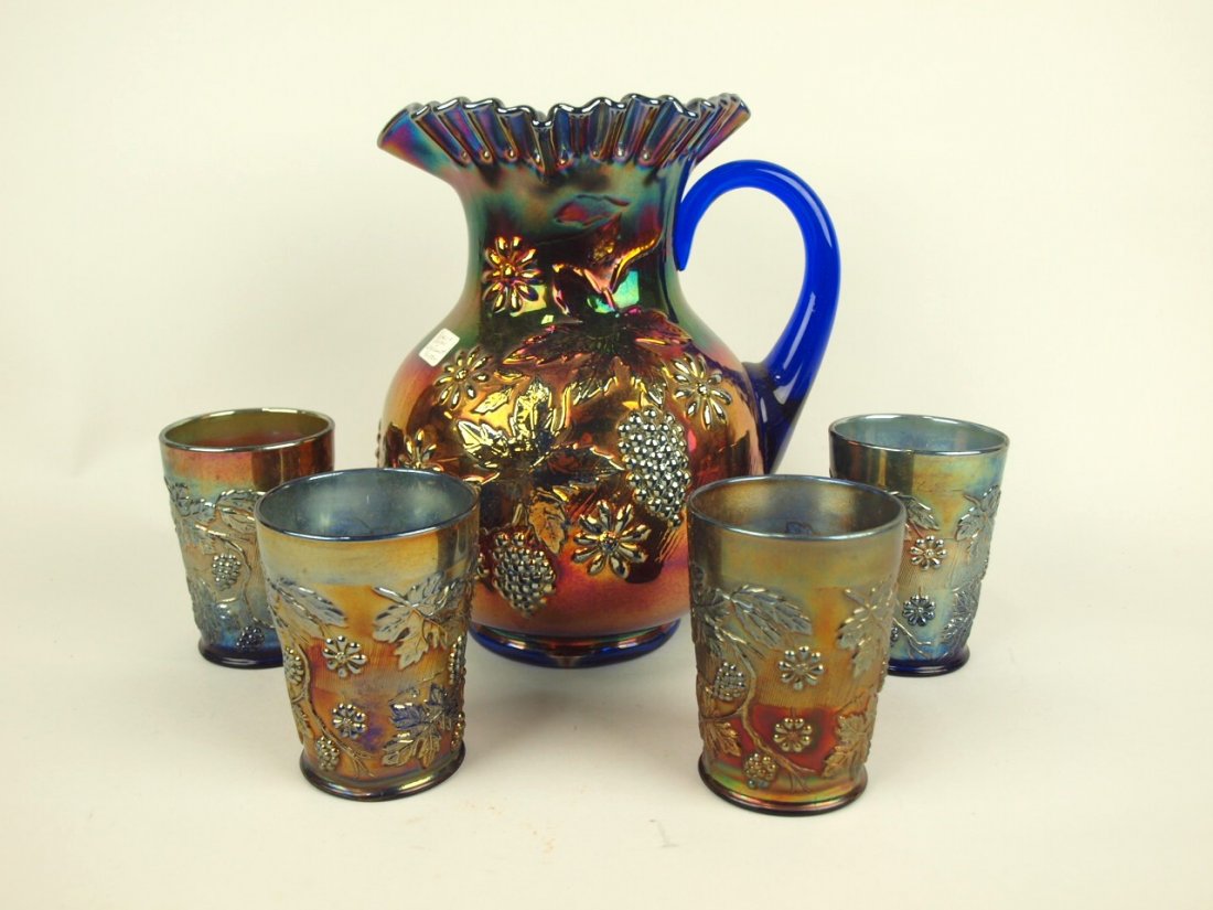 Fenton grape variant cobalt carnival glass pitcher & 4 (1 of 1)