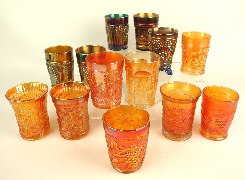 Lot of 13 carnival glass tumblers: Northwood Fenton &: Lot of 13 carnival glass tumblers: Northwood Fenton & Imperial-cobalt, amethyst, green, & marigold