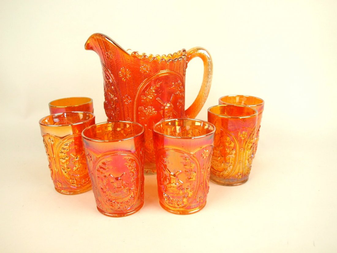 Imperial marigold Carnival glass windmill 7 piece water (1 of 1)