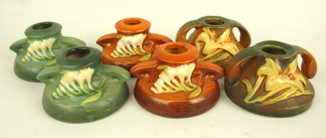 Roseville lot of 3 pair candle holders: Freesia- green (1 of 1)