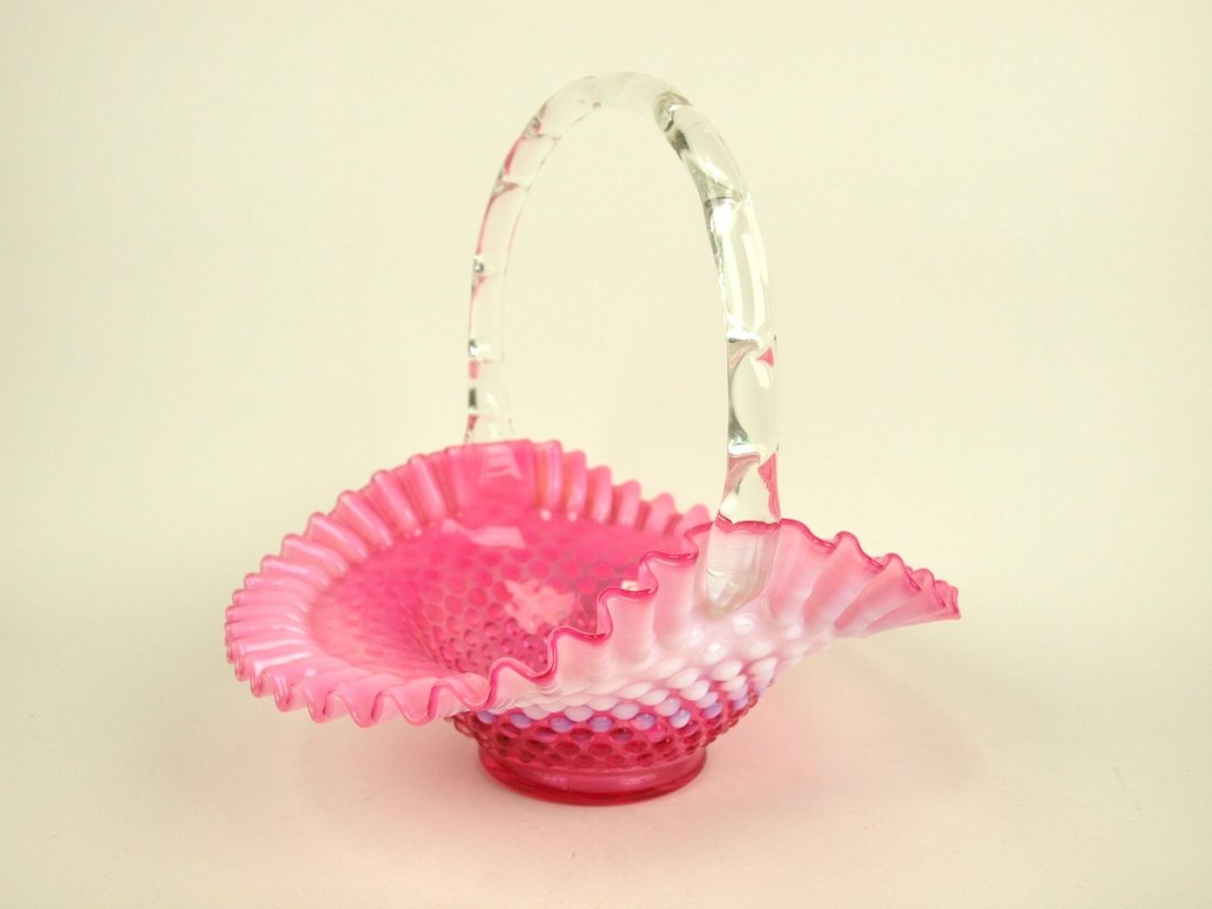 Fenton cranberry opalescent hobnail glass basket, 10" (1 of 1)