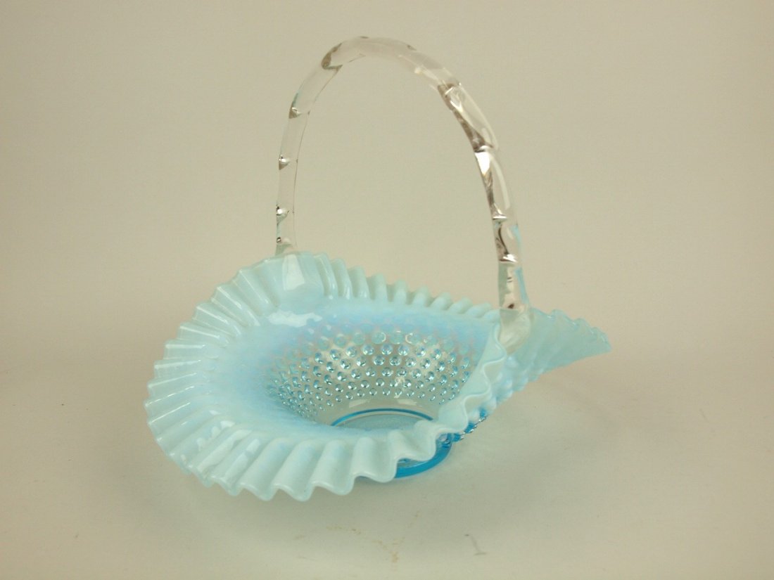 Fenton blue opalescent hobnail glass basket, 10" (1 of 1)