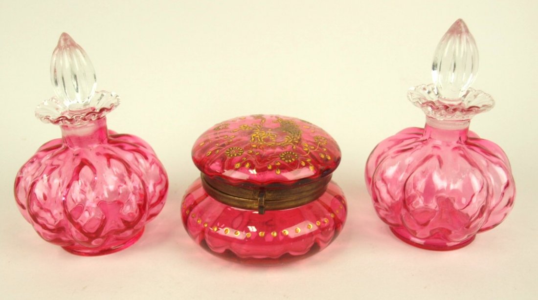 Moser cranberry trinket box 3 1/2" and pair of Fenton (1 of 1)