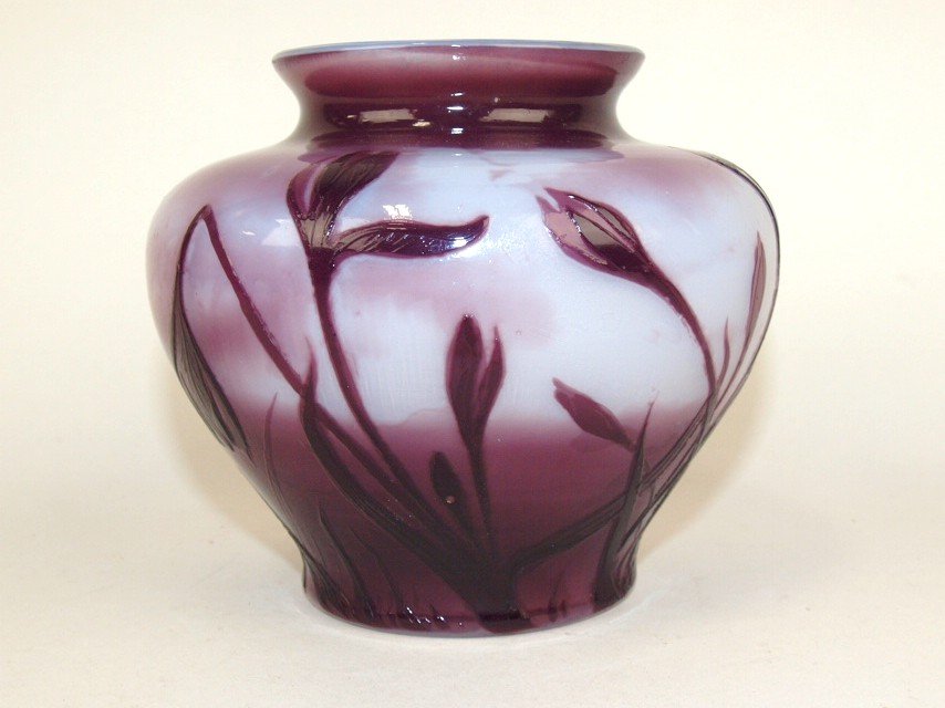 French cameo art glass vase, purple flowers cut to (1 of 3)