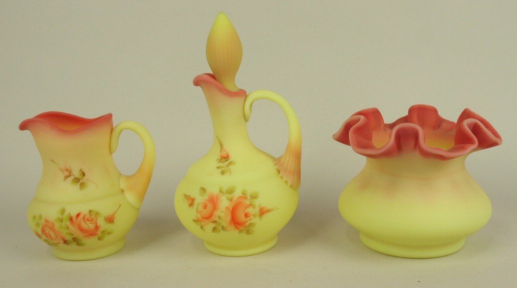 Fenton Burmese lot of 3 items: creamer, cruet, & vase (1 of 1)