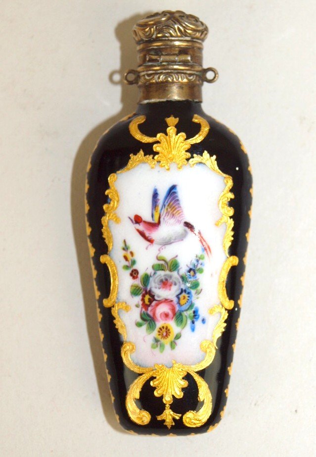 Small glass perfume flask decorated with bird, flowers, (1 of 2)