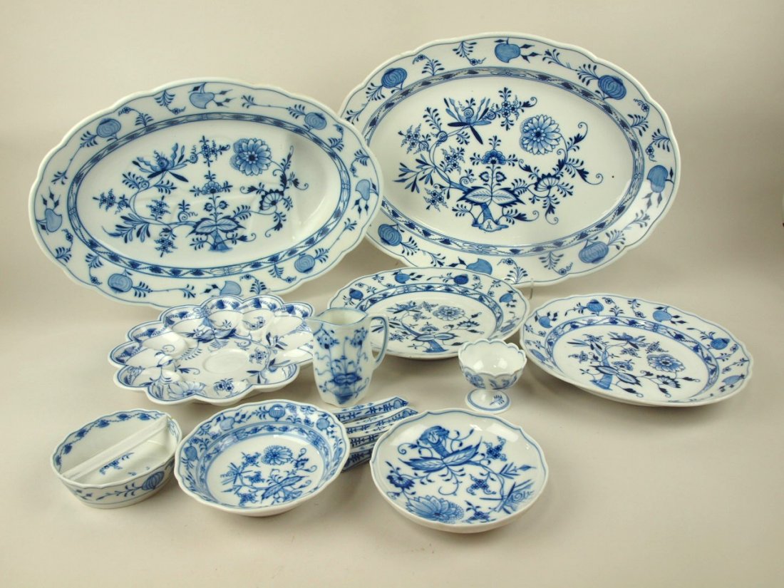 Meissen Blue Onion lot of 14 pieces: 18 1/2" platter,: Meissen Blue Onion lot of 14 pieces: 18 1/2" platter, 17" deep well platter, 2- 9 3/4" plates, 9 3/4" egg plate, creamer, egg cup, 3 small bowls & set set of 4 knife rests