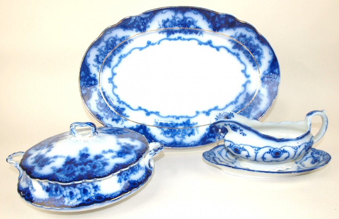 Flow blue lot of 3 pieces: Ridgway "Rose" platter 16", (1 of 1)