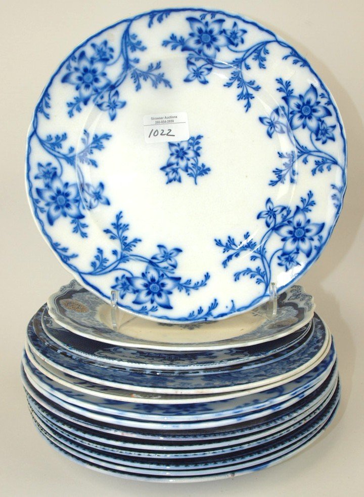 Flow Blue and blue & white lot of 14 assorted plates, (1 of 1)