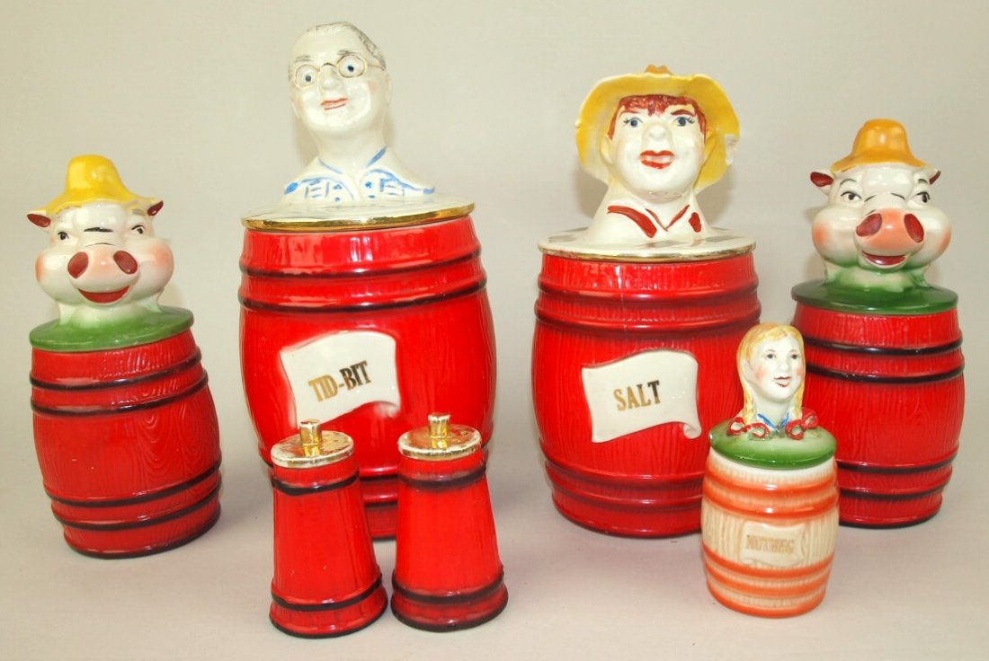 Regal Old MacDonald 2 pig grease jars, tid bit jar,: Regal Old MacDonald 2 pig grease jars, tid bit jar, salt jar (hairline chip), nutmeg, and pair churn shakers