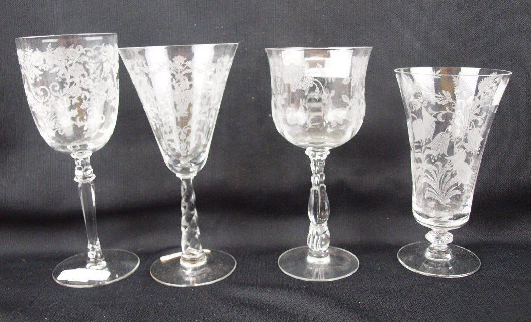 Fostoria lot of stemware: 4 Buttercup 8" goblets, 4: Fostoria lot of stemware: 4 Buttercup 8" goblets, 4 Mayflower 7 1/2" goblets, 2- 7 1/4" & 3-5 3/4" Willowmere goblets, 4-Fushia 12 oz, & 2-5" goblets, 2 Lovelace cordials, 1 Christmas cordial, 1 Morga