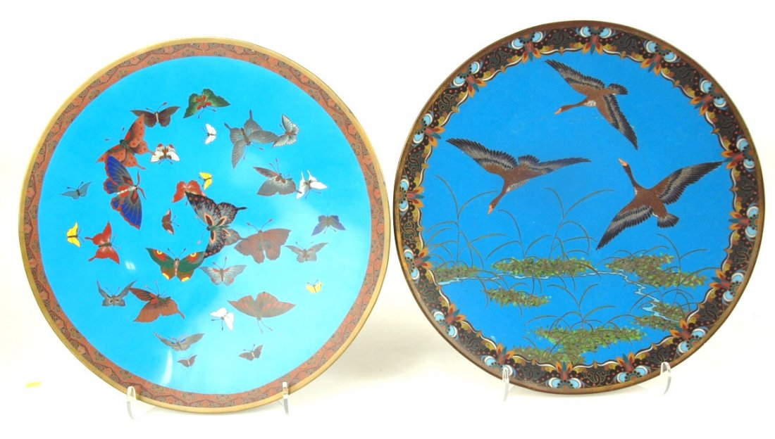 Cloisonne' lot of 2 large plates, 12", c. 1880, one (1 of 2)