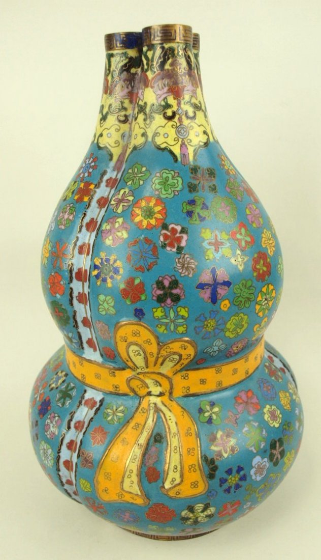 Cloisonne' large double gourd triple hole vase, c. (1 of 2)