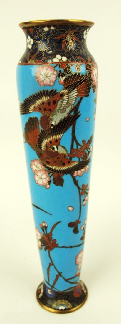 Cloisonne' tall and slender vase, bird & floral motif, (1 of 2)