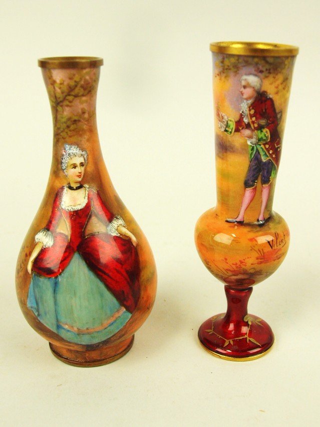 Cloisonne' style pair of enameled vases, one with a (1 of 1)