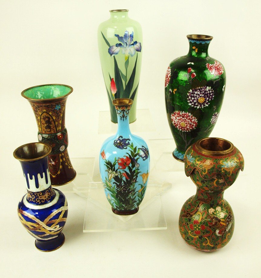 Cloisonne' lot of 6 vases, 7" to 9 1/2" (1 of 2)