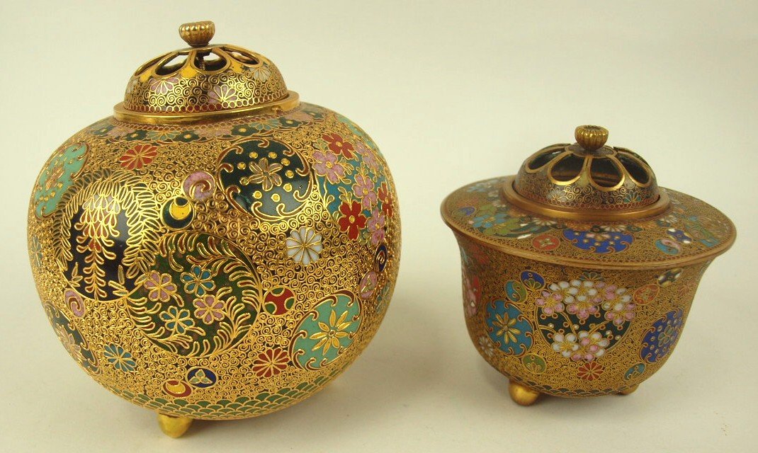 Cloisonne' lot of 2 insence/potpourri pots, 4" to 6" (1 of 1)