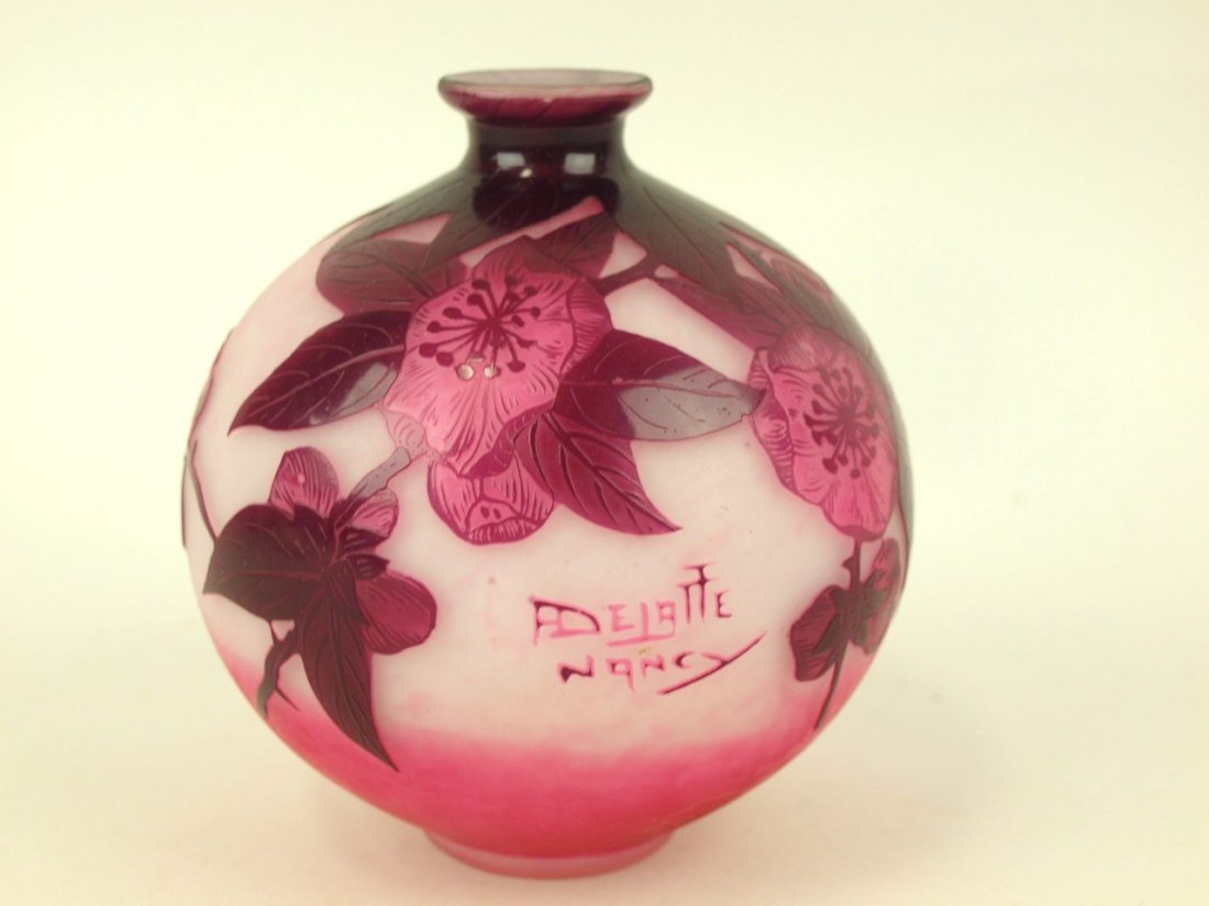 Delatte Nancy French cameo art glass vase, burgandy: Delatte Nancy French cameo art glass vase, burgandy blossoms cut to pink, signed, 5"