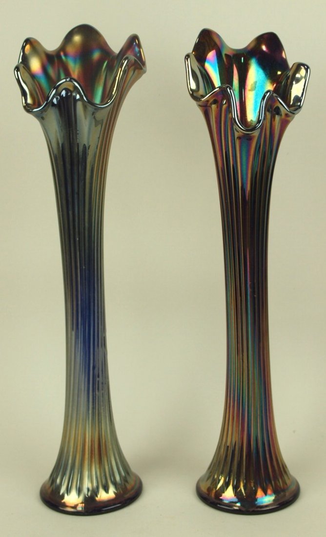Fenton cobalt carnival glass "Fine Rib" pair of vases,: Fenton cobalt carnival glass "Fine Rib" pair of vases, 16 1/2"