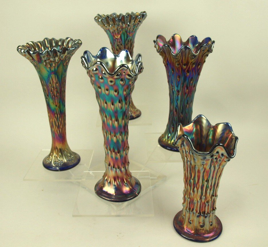Cobalt carnival glass lot of 5 vases, 7 1/2" to 10 1/4" (1 of 1)