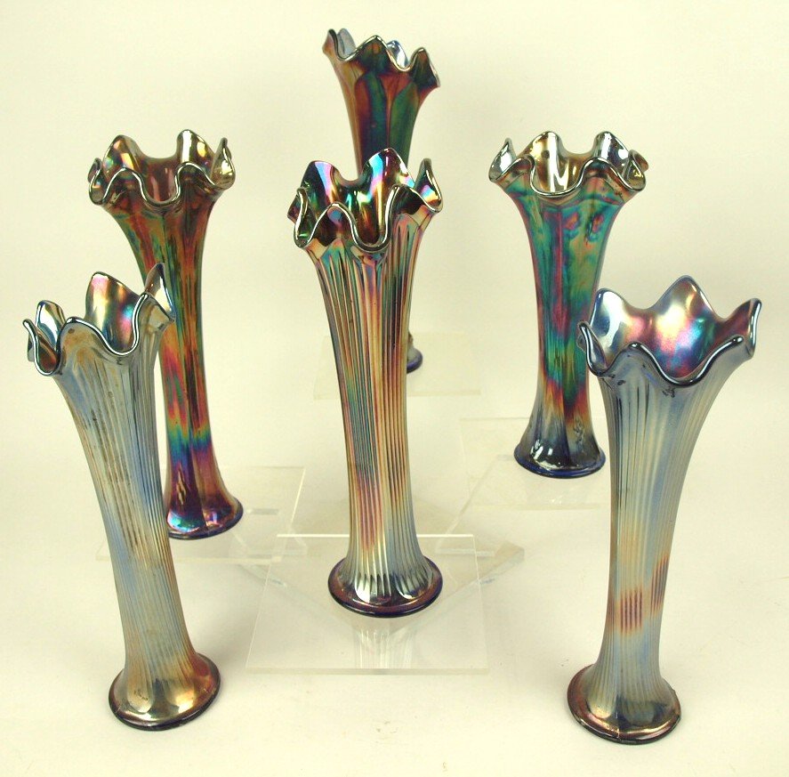 Cobalt carnival glass lot of 6 vases, 8 1/2" to 10 1/4" (1 of 1)