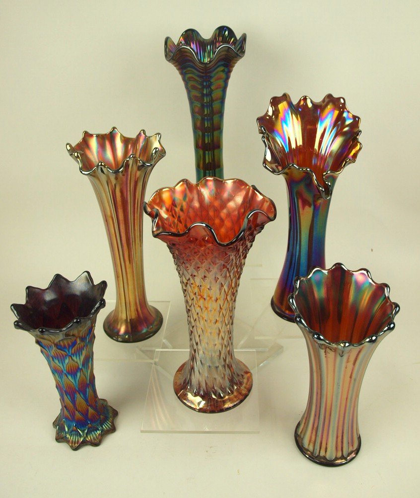Amethyst carnival glass lot of 6 vases, 7 3/4" to 12" (1 of 1)