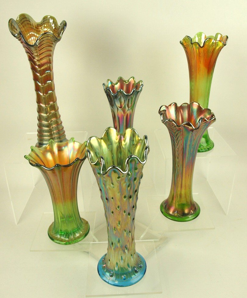 Green and Aqua carnival glass lot of 6 vases, 8" to 12" (1 of 1)