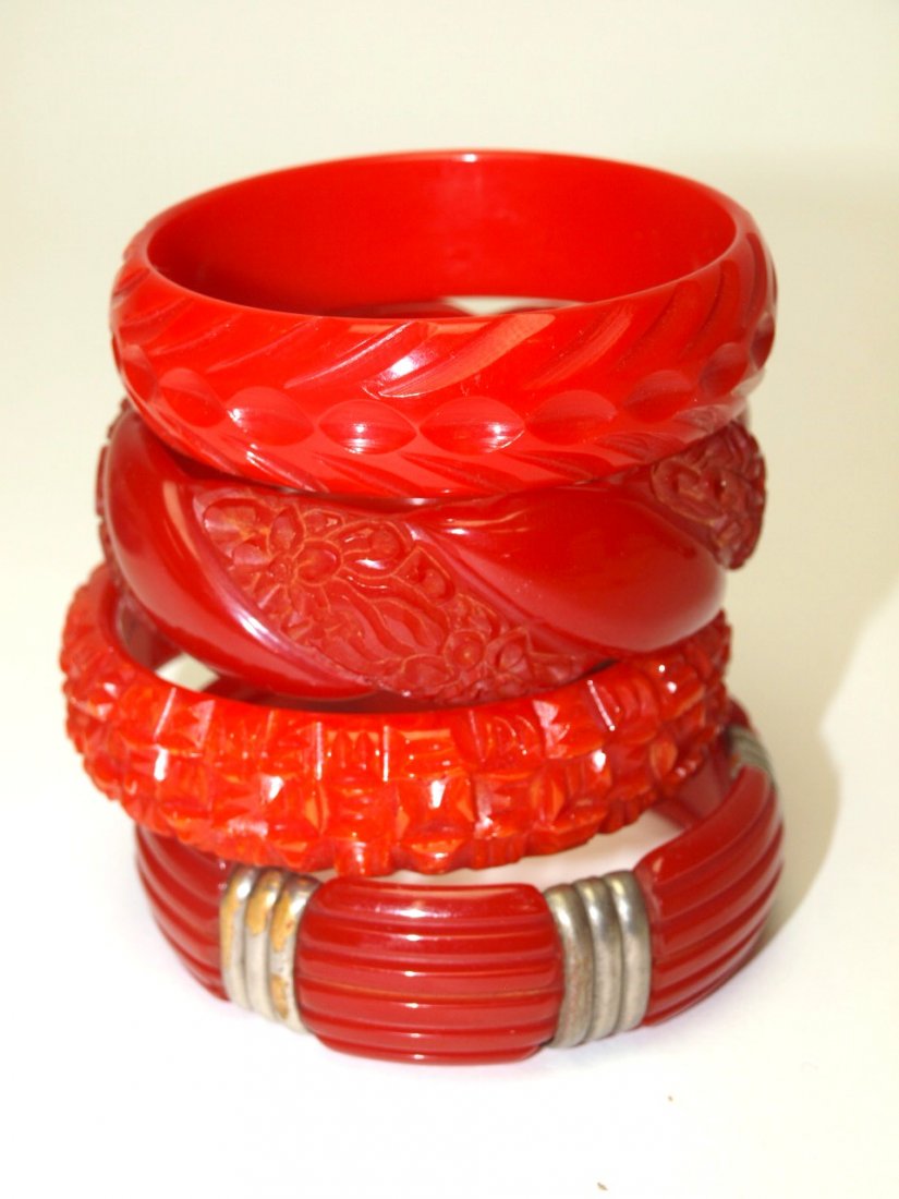Bakelite red lot of 4 carved bangle bracelet (1 of 1)